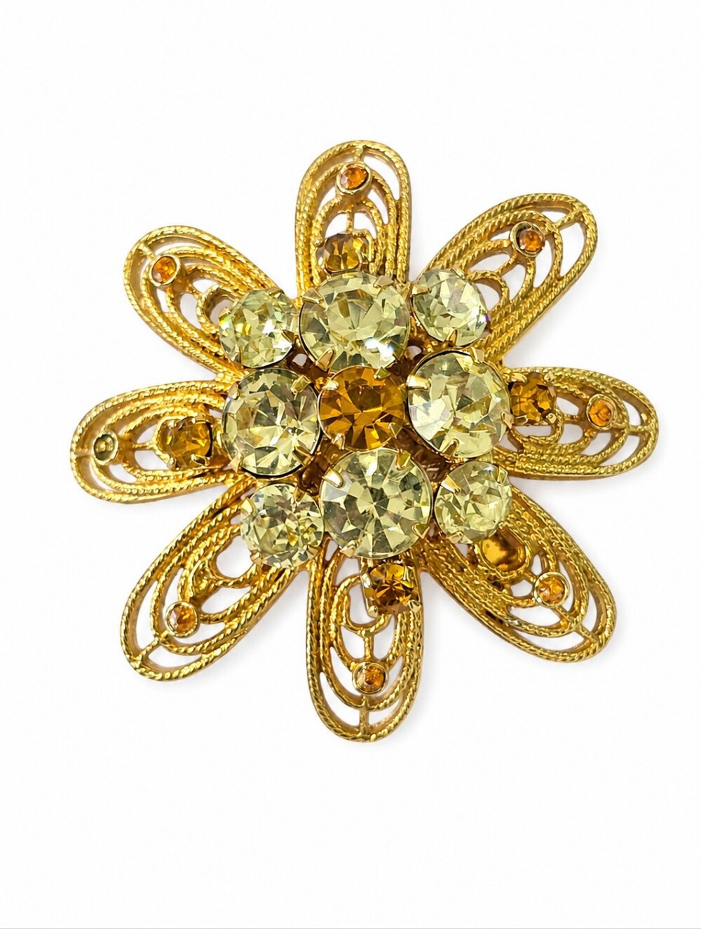 Vintage Gold Tone Rhinestone Flower Brooch Pin Filigree Floral Statement Jewelry
